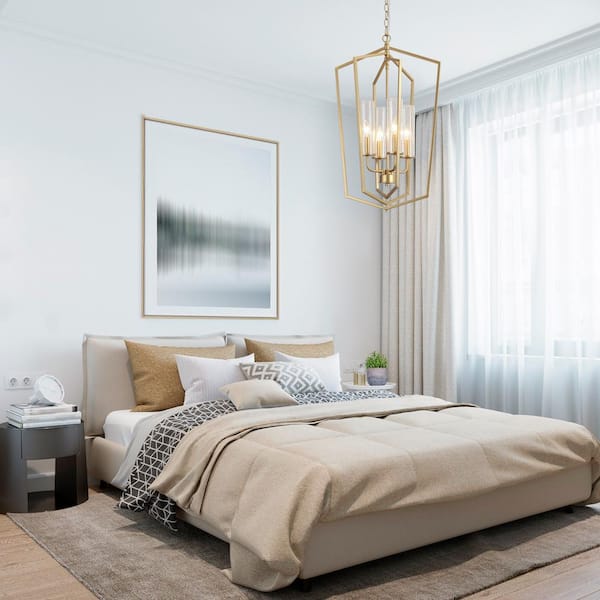 4-Light Gold Modern Cage Chandelier, Seeded Glass Island Pendant Light, DIY Linear Dining Room Pendant Hanging Light