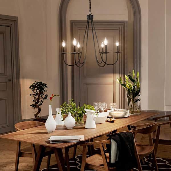 Industrial Black Dining Room Chandelier 28 in. 6-Light Modern Farmhouse Large Candlestick Living Room Chandelier