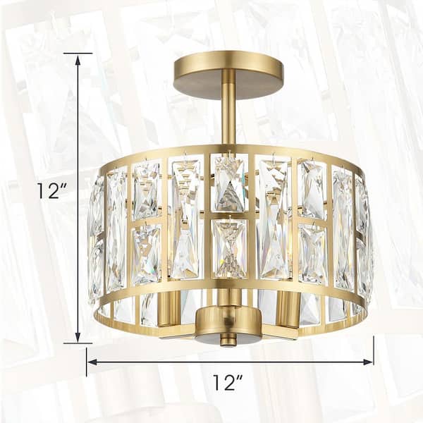 12 in. 3-Light Round Modern Gold Drum Semi Flush Mount Ceiling Light with Clear Crystal Glass