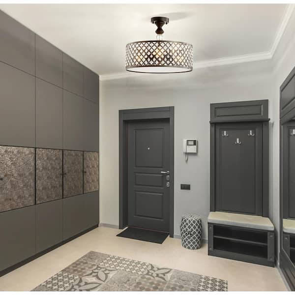 Elise 17 in. 3-Light Crystal/Metal Drum Semi-Flush Mount, Black