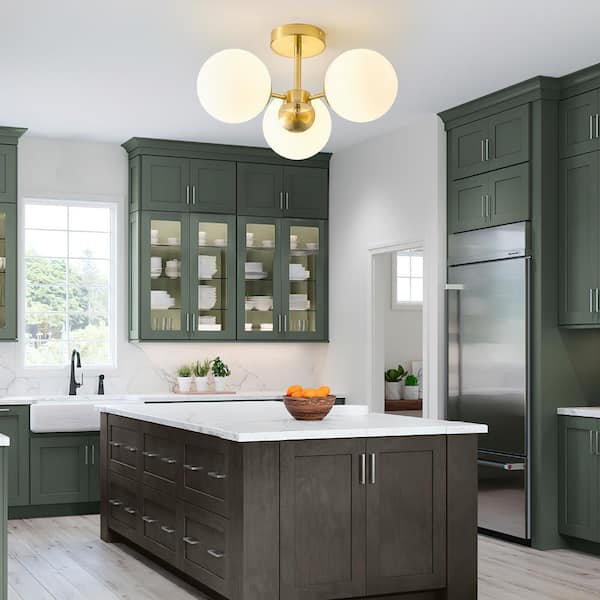 3-Lights Semi-Flush Mount Ceiling LightGold Globe Pendant Light with White Globe Shade for Kitchen Island,Hallway,Base