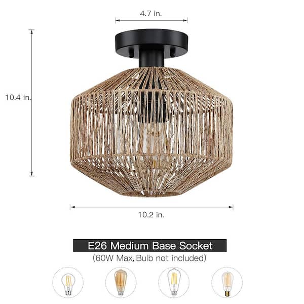 10.2 in. 1-Light Bohemian Natural Jute Rope Semi-Flush Mount Ceiling Light with Black Hardware