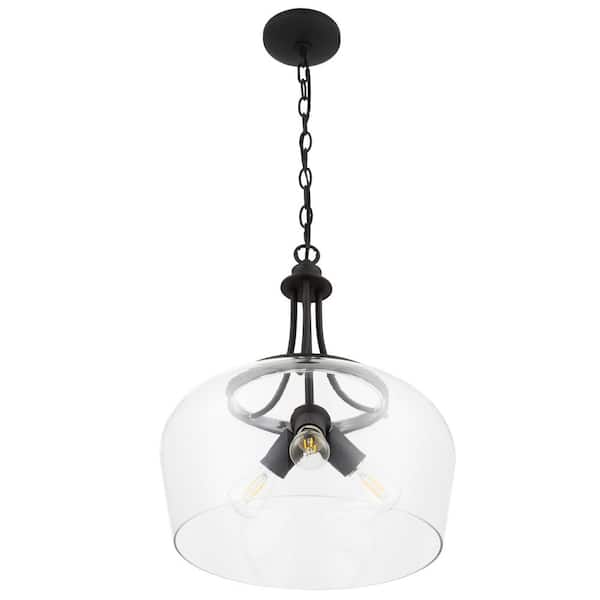 3-Light Matte Black Dome Pendant Light with Glass Shade