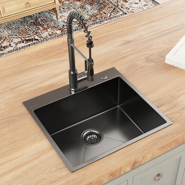 Gunmetal Black Stainless Steel 25 in. 18 Gauge Single Bowl Dual Mount Kitchen Sink with Black Spring Neck Faucet