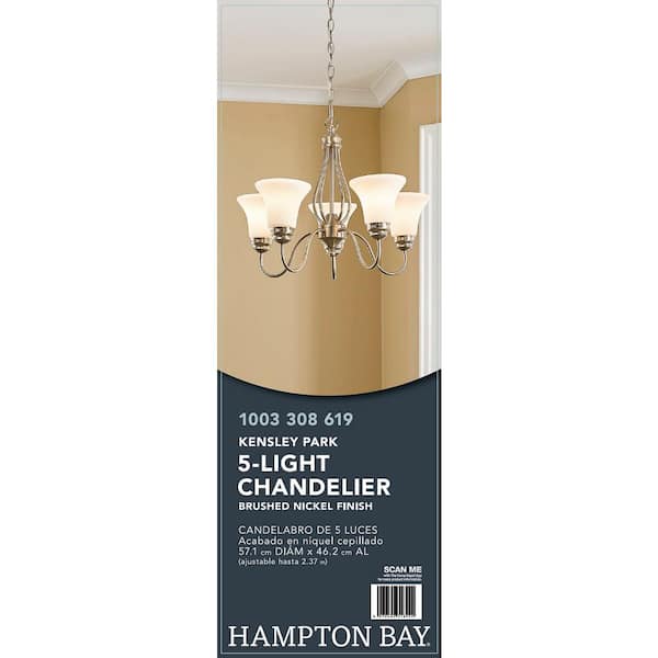 Kensley Park 5-Light Classic Traditional Brushed Nickel Hanging Candlestick Chandelier with Frosted White Shade