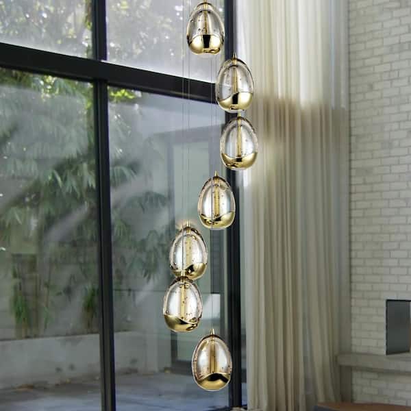 Venezia 9 in. 7-Light ETL Certified Integrated LED Gold Chandelier Height Adjustable Pendant with Champagne Glass Shades