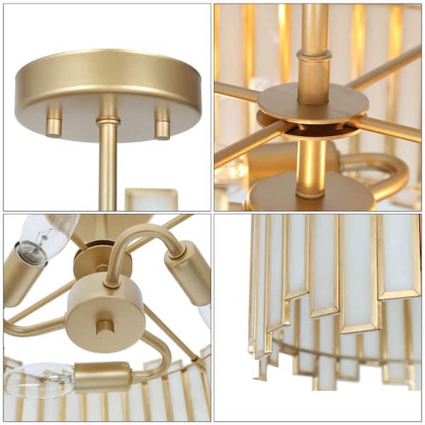 Modern 13 in. 3-Light Gold Drum Semi-Flush Mount with White Stained Glass Shade