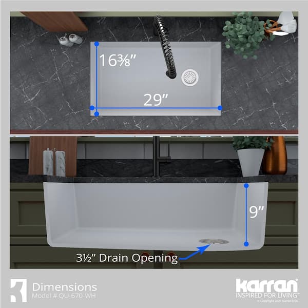 Undermount Quartz Composite 32 in. Single Bowl Kitchen Sink in White