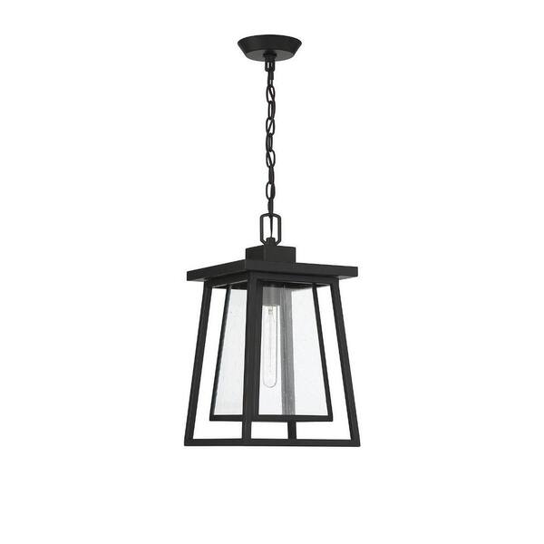 Denver 8 in. W x 16.13 in. H 1-Light Matte Black Outdoor Pendant Light with Clear Seedy Glass