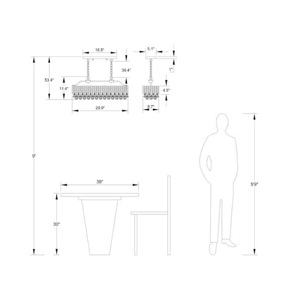 5-Light Kitchen Island Rectangle Chandelier with Crystal Accents