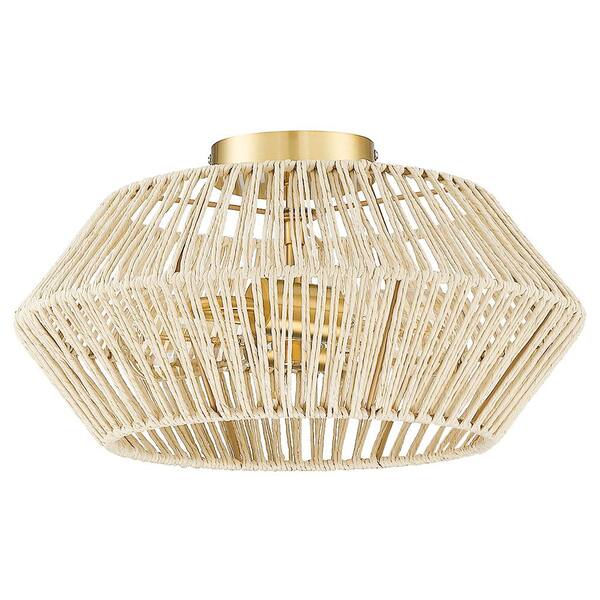 Bohe 16 in. 2-Light Brass/Beige Bohemian Woven Rope Semi-Flush Mount Ceiling Light