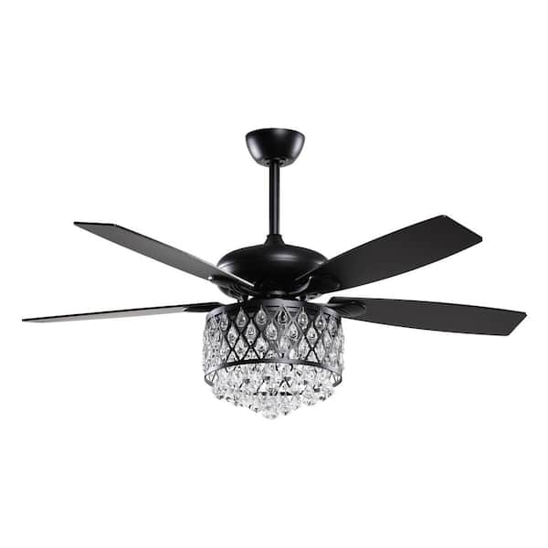 Berkshire 52 in. Crystal Downrod Mount Black Ceiling Fan With Light Kit and Remote Control