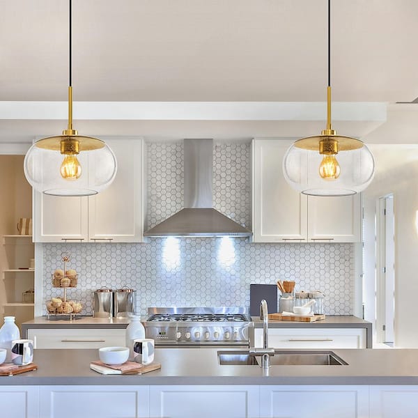 1-Light Modern Antique Brass Pendant Light with Seeded Glass Shade