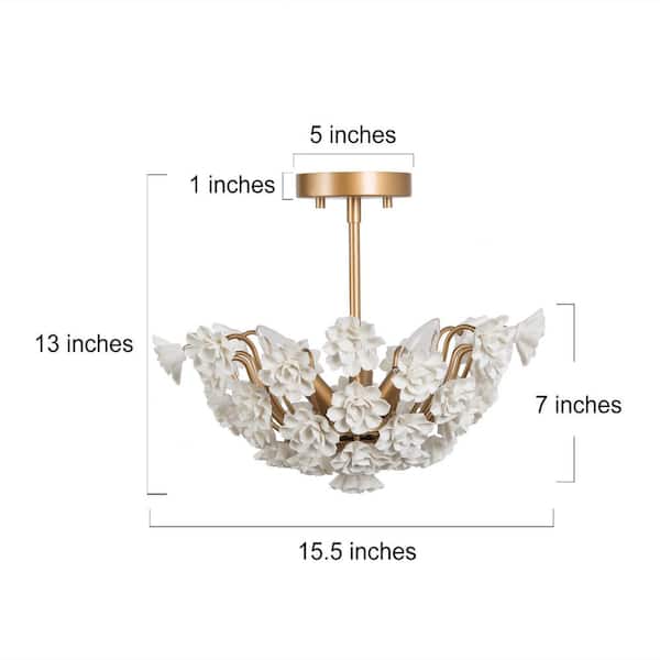 Mid-Century Modern Center Bowl Ceiling Light 3-Light Brass Gold Semi-Flush Mount Light with Handcraft Ceramic Flowers