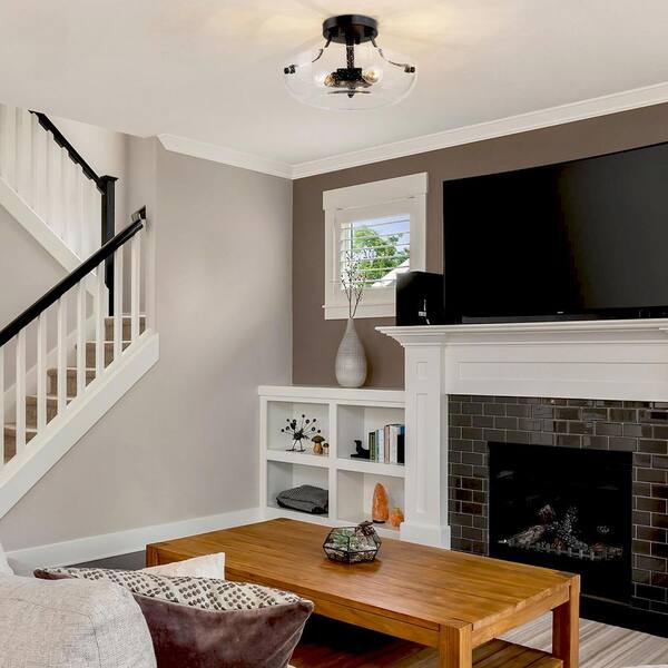 Farmhouse Bowl Ceiling Light 3-Light Industrial Black Breakfast Nook Semi-Flush Mount Light with Seeded Glass Shade