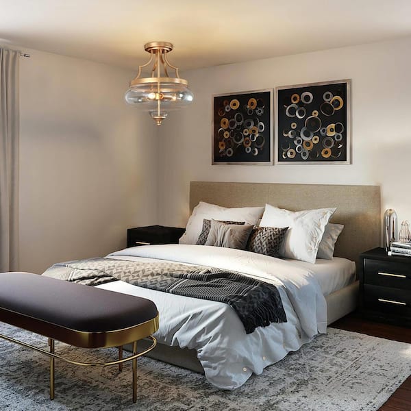 Modern Gold Center-Bowl Bedroom Ceiling Light 3-Light Round Living Room Semi-Flush Mount Light with Clear Glass Shade