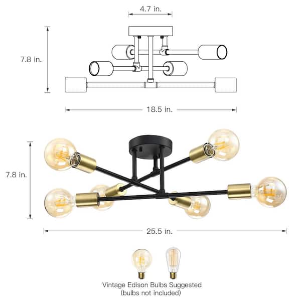 Trident 25.5 in. 6-Light Black and Gold Sputnik Semi Flush Mount Ceiling Light