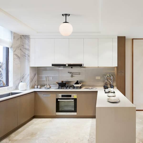 Zeno 1-Light Black Globe Ceiling Light with White Glass Shade