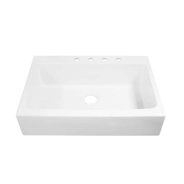 Josephine 34 in. 4-Hole Quick-Fit Drop-In Farmhouse Single Bowl Crisp White Fireclay Kitchen Sink
