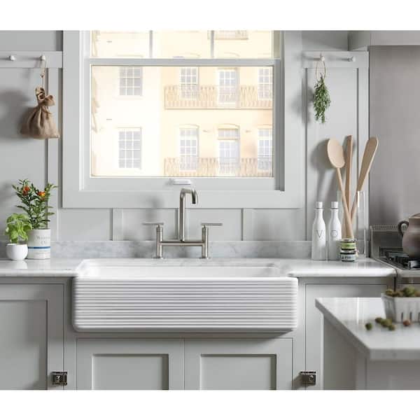 Whitehaven Undermount Farmhouse Apron Front Cast Iron 36 in. Double Bowl Smart Divide Kitchen Sink White Hayridge Design