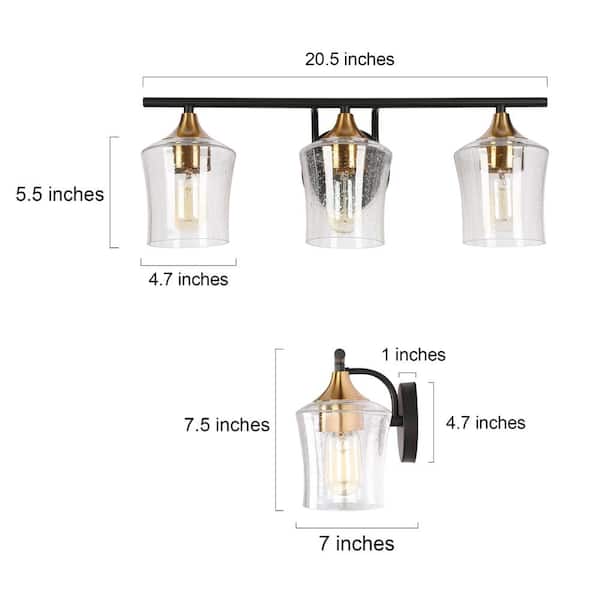 20.5 in. Modern 3-Light Black Bathroom Vanity Lights Brass Gold Bath Lighting Seeded Glass Shade Wall Sconce