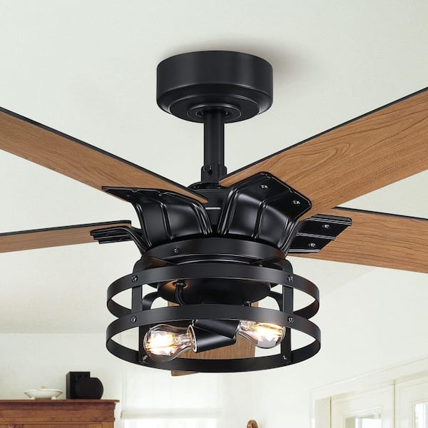 52 in. Industrial Downrod Mount Black Ceiling Fan with Remote Control and Light Kit