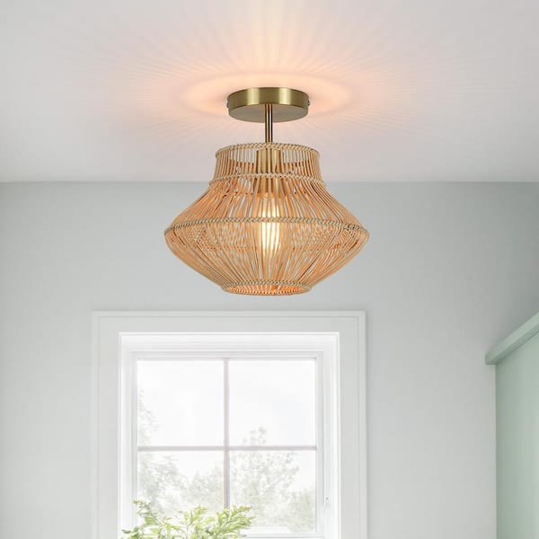 D 12 in. x H 11.3 in. 1-Light Brass/Wheat Bohemian Rattan Semi-Flush Mount Ceiling Light