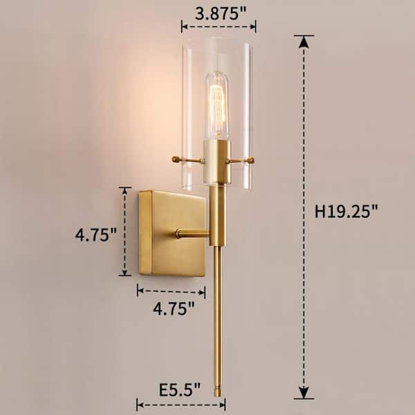 1-Light Gold Cylindrical Armed Sconce Set with Glass Shade (Set of 2)
