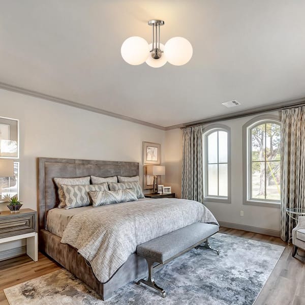 Lueck 22 in. 3-Light Modern Sputnik Nickel Semi Flush Mount with Globe White Glass