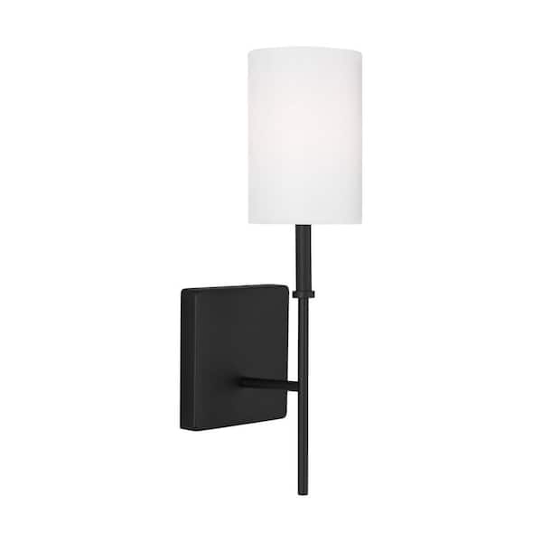 Foxdale 1-Light Midnight Black Wall Sconce with White Linen Fabric Shade
