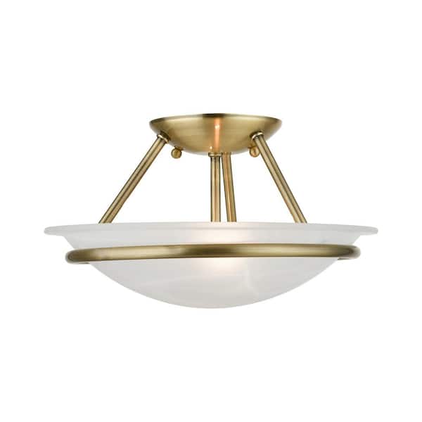 Newburgh 12 in. 2-Light Antique Brass Semi-Flush Mount with White Alabaster Glass