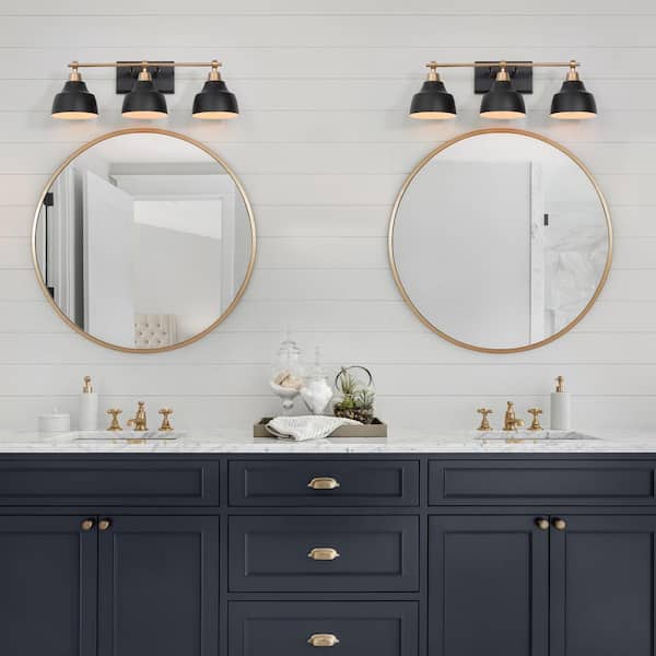 Modern Black Bathroom Vanity Light with Gold Arm, 24.5 in. 3-Light Metal Bell Bath Wall Sconce for Arched/Round Mirror