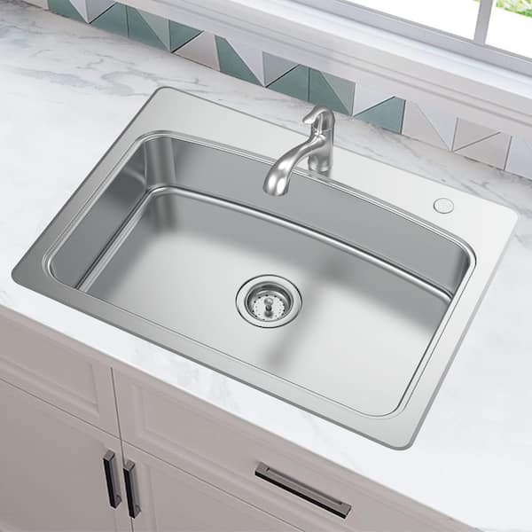 All-in-One Drop-In Stainless Steel 33 in. 2-Hole Single Bowl Kitchen Sink with Pull-Out Faucet