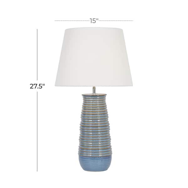 28 in. Blue Ceramic Ribbed Task and Reading Table Lamp with Drum Shade