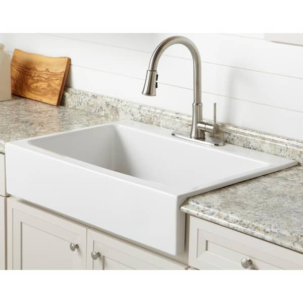 Josephine 34 in. 3-Hole Quick-Fit Drop-In Farmhouse Single Bowl Crisp White Fireclay Kitchen Sink