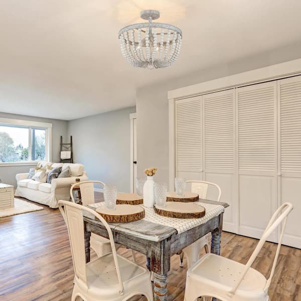 16 in. Modern Farmhouse Antique White Wood Beaded Semi-Flush Mount, 3-Light Bohemian Round Basket Ceiling Lighting