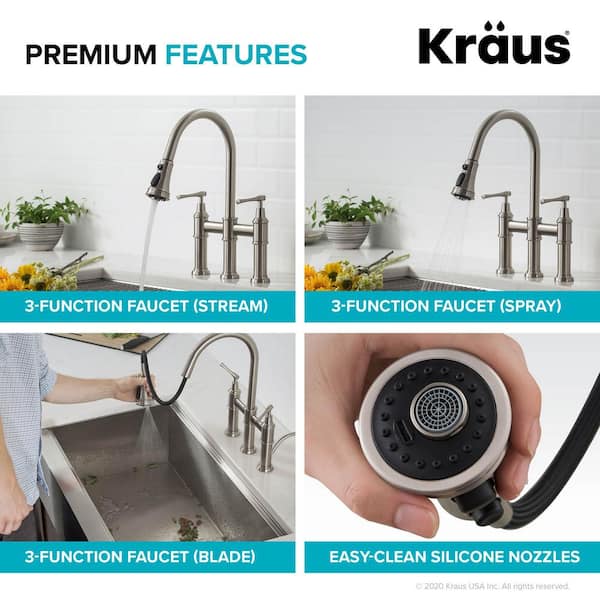 Allyn Double Handle Transitional Bridge Kitchen Faucet with Pull-Down Sprayhead in Matte Black