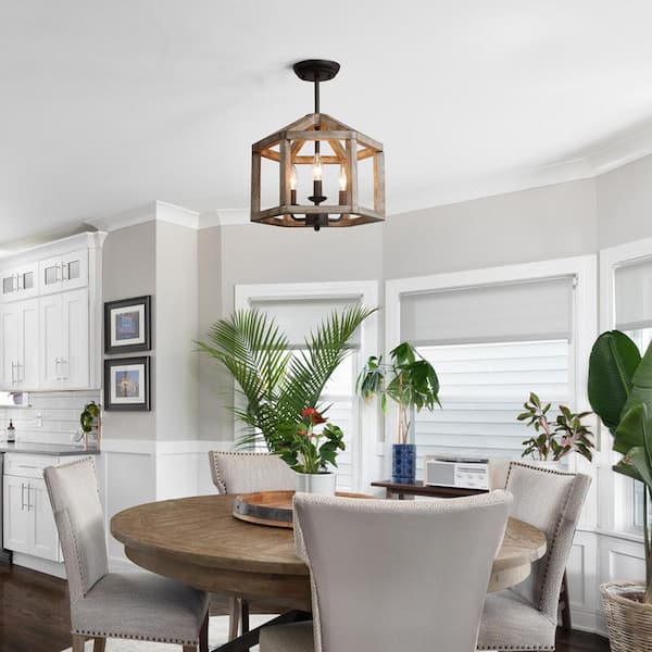 Rustic Drum Bronze Wood Semi-Flush Mount, Industrial Geometric 3-Light Farmhouse Candlestick Antique Ceiling Lighting