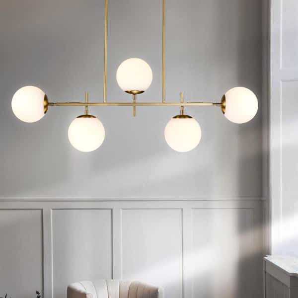 Deerfield 5-Light Brass Kitchen Island Chandelier with Milk Globe Glass Shade