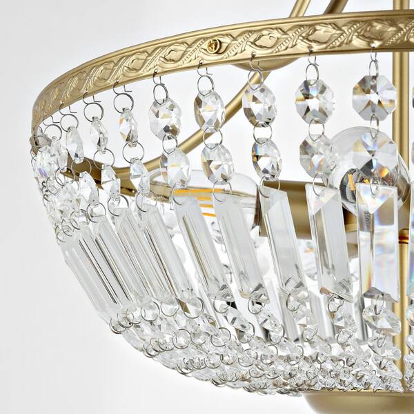 5-Light 19.5 in. Crystal Ceiling Light Fixture, Brass Semi Flush Mount Chandelier