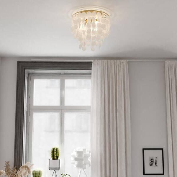 Elsa 60-Watt 3-Light Gold Brass Waterfall Pendant Light with Capiz Shells Modern Coastal Glam Fixture