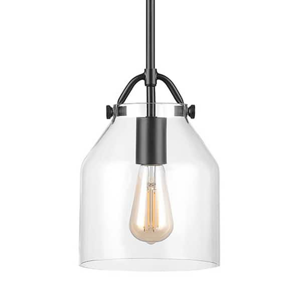 1-Light Matte Black Shaded Pendant Light with Clear Glass Shade