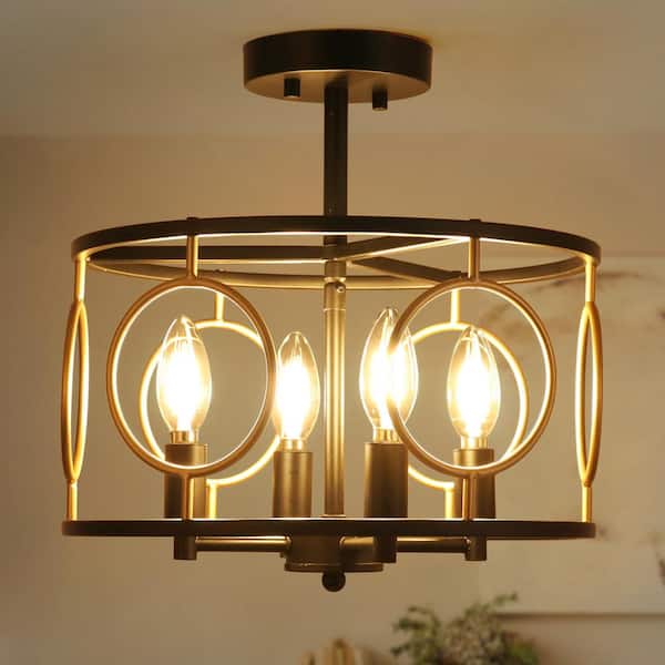 Modern Farmhouse Semi-Flush Mount, 12.8 in. 4-Light Black and Gold Drum Ceiling Light