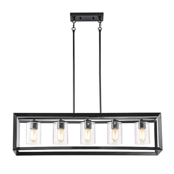 Richard 5-Light Antique Black Rectangular Kitchen Island Chandelier with Seeded Glass Shades
