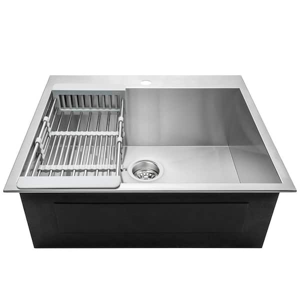 Handmade Drop-in Stainless Steel 25 in. x 22 in. Single Bowl Kitchen Sink with Drying Rack