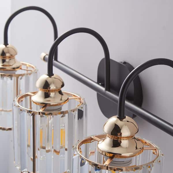 Merrin 23.1 in. 3-Light Black Golden Bathroom Vanity Light with Crystal Shades