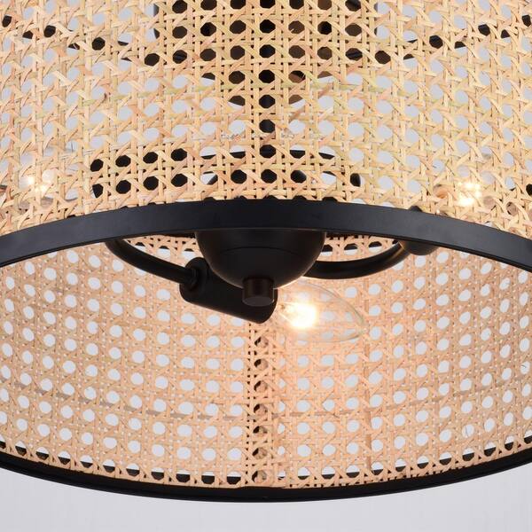 Berens 15.5 in. W Matte Black Modern Farmhouse Drum Semi Flush Mount Ceiling Light with Rattan Cane Shade