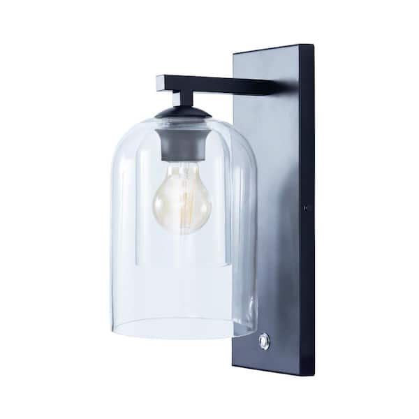 Modern Decorative Dimmable 1 Light Armed Wall Sconce Dimple Glass Clear Globe Shade - Matt Black