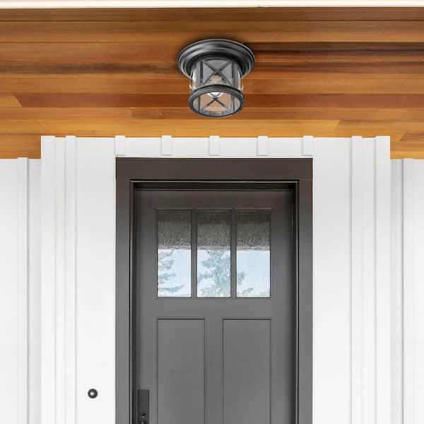 Chandler 1-Light Oil Rubbed Bronze Outdoor Flush Mount Ceiling Light Fixture with Seeded Glass