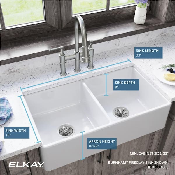 Burnham White Fireclay 33 in. Double Bowl Farmhouse Apron Kitchen Sink